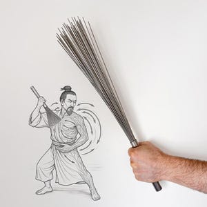 Può includere: Un attrezzo per massaggio in metallo con molteplici aste sottili, tenuto in mano, accanto a uno schizzo di una persona che riceve un massaggio. Lo schizzo mostra i muscoli della persona e la direzione dei movimenti del massaggio.