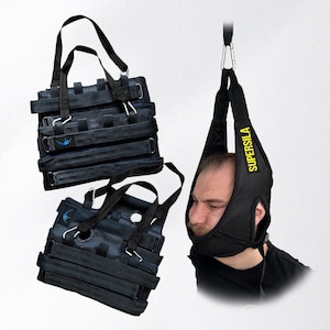 May include: Black neck traction device with the word "SUPERSILA" in yellow. The device is suspended from a metal hook. Two black support devices with straps and metal clips are also shown. The devices are designed for neck support.
