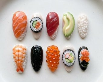 3D Sushi Press On Nails, Salmon Nigiri Roll Nail Art, Long Almond Glossy Japanese Food Nails, Cute Food Nails Gift