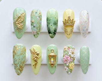 Disney Tinker Bell Inspired Press On Nails, Fairy Garden Nails, Green Gold Fantasy Nails, Tinkerbell Nails, 3D Charm Stiletto Press On Nails