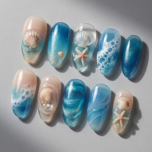 Ocean Wave Press On Nails, 3D Seashell Starfish Nails, Beach Summer Nails, Translucent Water Gel Nails, Handmade Almond Nail Set
