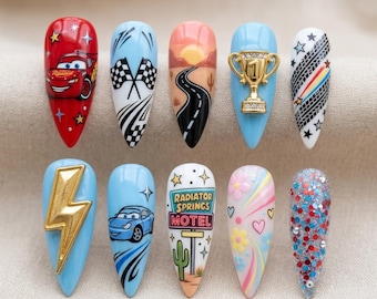 Cars Inspired Press On Nails, Racing Car Nail Set, Cartoon Race Track Nails, Lightning McQueen Style Handmade Press On Nails