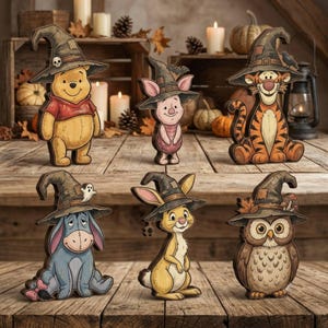 Vintage Halloween Winnie the Pooh Wooden Shelf Sitters, Rustic Folk Art Halloween Decor, Primitive Farmhouse Fall Table Decor