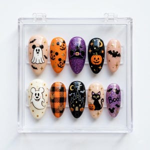 Disney Halloween Press On Nails, Mickey Ghost Pumpkin Nails, Cute Spooky Disney Nails, Handmade Press On Nails, Mickey Halloween Nail Set