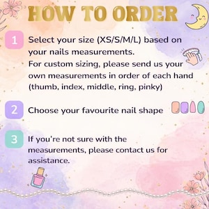 May include: A pastel-colored graphic with the text "HOW TO ORDER" in gold. Instructions for ordering nail sizes are listed, including choosing nail shape. A crescent moon and nail polish bottle are also shown.