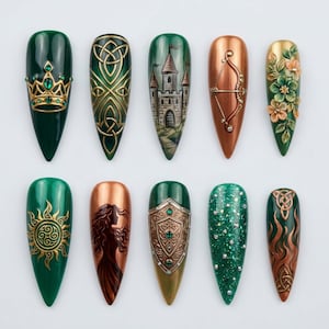 May include: A collection of ten long, pointed artificial nails. Each nail features unique designs, including a crown, Celtic knots, a castle, a bow and arrow, flowers, a sun, a woman's silhouette, a shield, glitter, and more Celtic knots. The color palette includes green, gold, and copper.