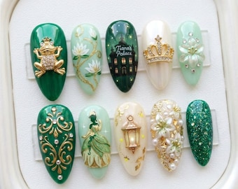 Disney Princess Tiana Inspired Press On Nails, Princess and the Frog Nails, Green Gold Fairy Tale Nails, Tiana Palace Nails, 3D charm