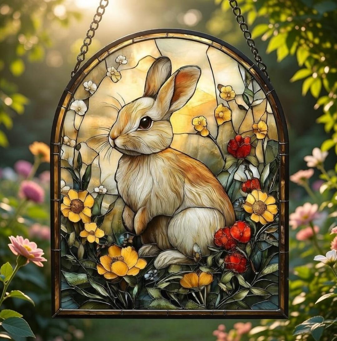 Stained Glass Rabbit Suncatcher, Floral Bunny Window Hanging, Easter ...