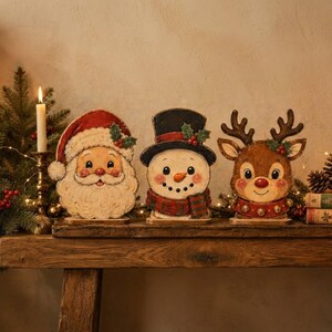 Vintage Christmas Wooden Tabletop Decor Set, Santa Snowman Reindeer Gingerbread Nutcracker Elf sheft sitter, Rustic Holiday Decorations