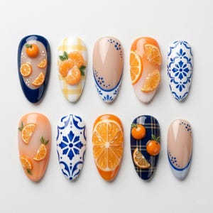 Orange Press On Nails, Mediterranean Tile Nail Set, Citrus Fruit Nails, Blue White Almond Nails, Glossy Handmade Nails