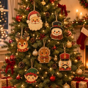 May include: A collection of six wooden Christmas ornaments hanging on a tree, featuring illustrations of Santa Claus, a snowman, a reindeer, a gingerbread person, a nutcracker, and an elf, each suspended by a simple twine loop for display.