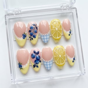 May include: A set of ten press-on nails in a clear plastic case, featuring almond-shaped tips with designs including hand-painted blueberries on vines, yellow lemon slices, light blue gingham patterns, and white lace-like accents on a nude base.