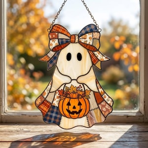 Fantasma Patchwork Acrílico para Pendurar na Janela, Decoração de Janela com Fantasma para o Halloween, Apanhador de Sol em Formato de Abóbora, Presente Decorativo para Janela no Outono, Presente para a Temporada Assustadora
