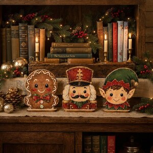 Vintage Christmas Wooden Tabletop Decor Set, Santa Snowman Reindeer Gingerbread Nutcracker Elf sheft sitter, Rustic Holiday Decorations