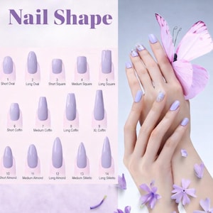 May include: A guide to nail shapes, featuring examples of Short Oval, Long Oval, Short Square, Medium Square, Long Square, Short Coffin, Medium Coffin, Long Coffin, XL Coffin, Short Almond, Medium Almond, Long Almond, Medium Stiletto, and Long Stiletto. The image also shows a hand with lavender-colored nails.
