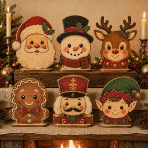 Vintage Weihnachts-Tischdeko-Set aus Holz, Weihnachtsmann, Schneemann, Rentier, Lebkuchenmann, Nussknacker, Elf, Sitzgelegenheit, rustikale Weihnachtsdekoration