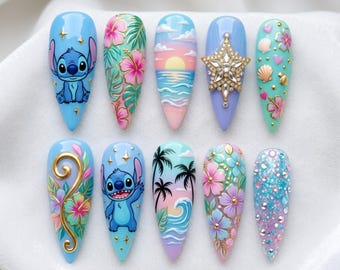Stitch Inspired Press On Nails, Disney Cute Tropical Cartoon Nail Set, Hawaiian Beach Flower Nails, Handmade Luxury Press On Nails