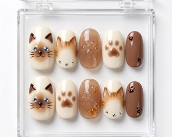 Cat Press On Nails, Kawaii Kitty Nail Set, Brown Jelly Gel Nails, Cute Paw Print Nails, Japanese Cat Nail Art, Handmade Fake Nails