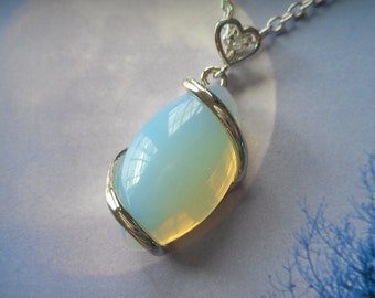 Opalite Stone in Free Style Silver Swirl Heart Pendant Necklace