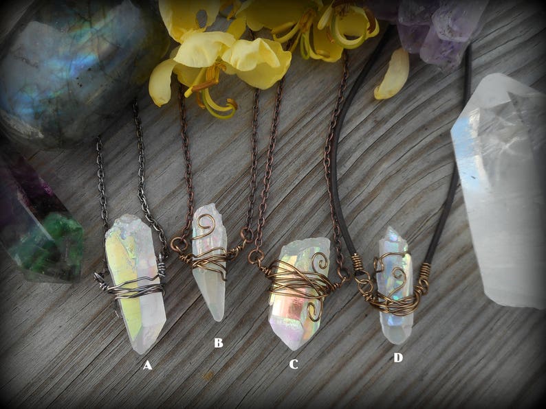 Clear Raw Crystal Pendant Angel Aura Wire Wrapped Crystal Quartz Necklace Bohemian Rustic