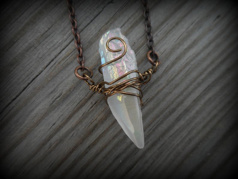 Clear Raw Crystal Pendant Angel Aura Wire Wrapped Crystal Quartz Necklace Bohemian Rustic