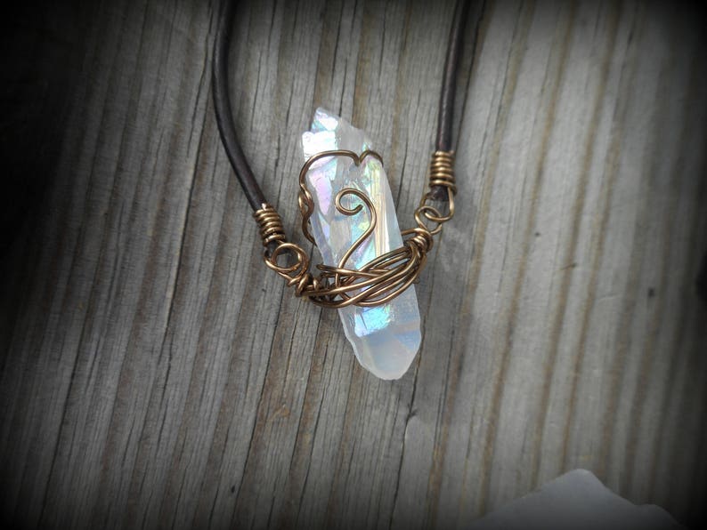Clear Raw Crystal Pendant Angel Aura Wire Wrapped Crystal Quartz Necklace Bohemian Rustic