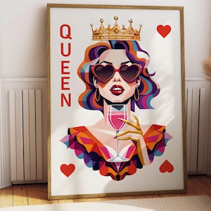 Queen of Hearts Poster, Playing Card Art Print Dorm Decor, Cute Apartment Wall Art, Girly Statement Print Dopamine Decor Queen of Hearts Art