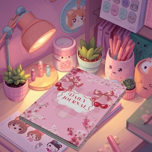 May include: A pink daily journal with a floral design and the words "Daily Journal" on the cover. The journal is surrounded by other desk accessories, including a desk lamp, potted succulents, and a pencil holder filled with pink pencils.