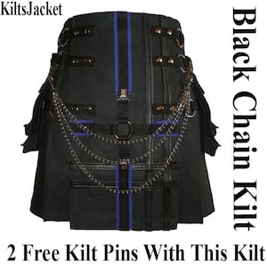 Cotton Utility Kilt for Men: Black Kilt - Custom Size - Modern Design - Handmade