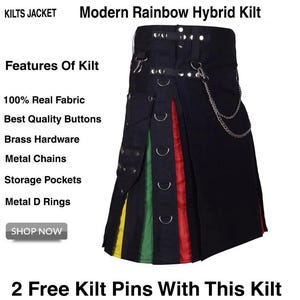 Rainbow Pride Utility Kilt: LGBT Hybrid Kilt Skirt, Modern Design, 100% Cotton, Adjustable Fit