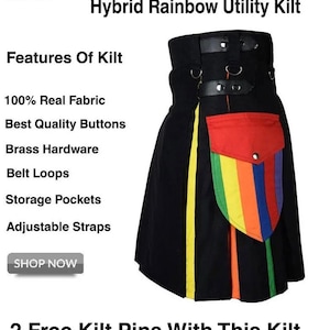 Rainbow Pride Utility Kilt: LGBT Hybrid Kilt with Cargo Pockets, 100% Cotton, Adjustable Fit