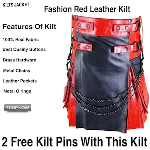 Premium Handmade Black Leather Utility KILT for Men - Scottish Utility Kilt - Made to Order - Warrior Kilt - LARP - Red Black Kilted Skirt