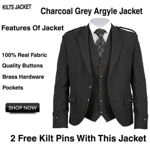 Anthrazit Wolle Argyle Kilt Jacke & Weste: Schottische Hochzeitskleidung