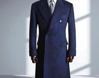 メンズ ネイビーブルー ウール ダブルブレスト オーバーコート – The