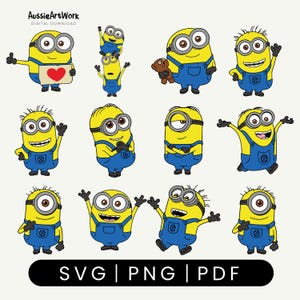 Op de afbeelding: Digitale download met een verzameling cartoon Minions in verschillende poses. De Minions zijn geel met blauwe overalls, sommige houden voorwerpen vast zoals een teddybeer of een hartvormig bord. De tekst "SVG | PNG | PDF" is inbegrepen.