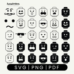 Könnte beinhalten: Eine digitale Download-Grafik mit verschiedenen Lego-Kopfdesigns mit unterschiedlichen Gesichtsausdrücken. Die Köpfe sind in Schwarz und Weiß gehalten und zeigen eine Vielzahl von Emotionen und Stilen. Der Text "SVG | PNG | PDF" ist enthalten.