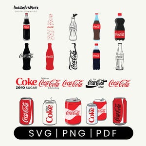 May include: A digital download graphic featuring various Coca-Cola products. The image includes illustrations of Coca-Cola bottles and cans in red, black, and white. The text "Coke", "Coca-Cola", "Zero Sugar", and "Diet Coke" are also displayed.