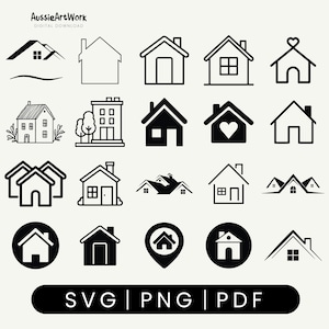 May include: A collection of black and white house icons in various styles. The image includes different house designs, from simple outlines to detailed illustrations, and the text "SVG | PNG | PDF".