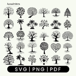 May include: A digital download graphic featuring a collection of black tree silhouettes in various styles. The image includes trees with detailed branches, leaves, and roots, along with palm trees and a heart-shaped tree. The image also includes the text "SVG | PNG | PDF".
