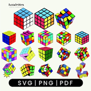 May include: A digital download graphic featuring various colorful Rubik's Cubes in different orientations. The cubes are in red, blue, yellow, green, orange, and white. The image includes the text "SVG | PNG | PDF".