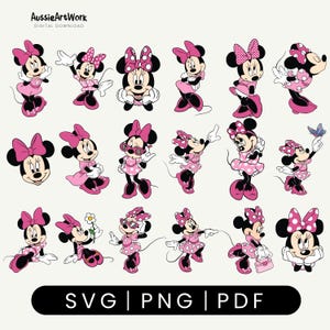 May include: Digital download featuring multiple illustrations of Minnie Mouse in various poses. Minnie is depicted in pink dresses and bows, with a black and white color scheme. The image includes the text "SVG | PNG | PDF".