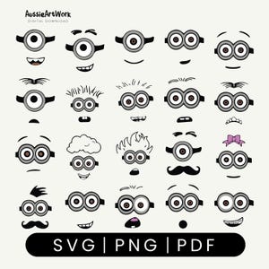 May include: Digital download featuring various cartoon minion faces with different expressions. Each face has round goggles, eyes, and a mouth. The image includes the text "SVG | PNG | PDF" in a black rectangle.
