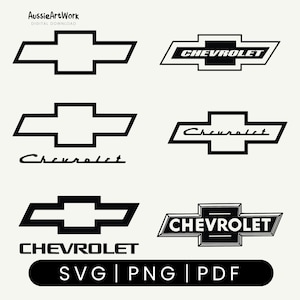 May include: A collection of black and white Chevrolet logos in various designs. The logos include the iconic bowtie emblem and the word "Chevrolet" in different fonts. The image also includes the text "SVG | PNG | PDF".
