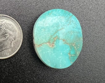 Puede incluir: Un cabujón redondo de turquesa con un color azul claro y verde. La piedra tiene un patrón natural y orgánico con vetas marrones y una superficie lisa y pulida.