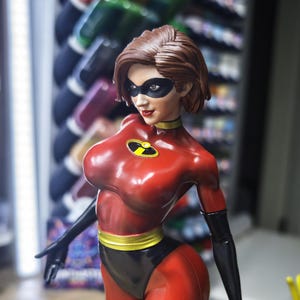 May include: A figurine of a female superhero in a red bodysuit with black accents. The figure has a black mask, brown hair, and a yellow and black emblem on the chest. The figurine is a collectible item.