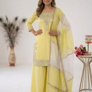 Pakistansk designer i mjukt siden broderat med sekvensarbeten Salwar Kameez med Dupatta, pakistansk kostym, damkostym i palazzo, brudklänning bild 3