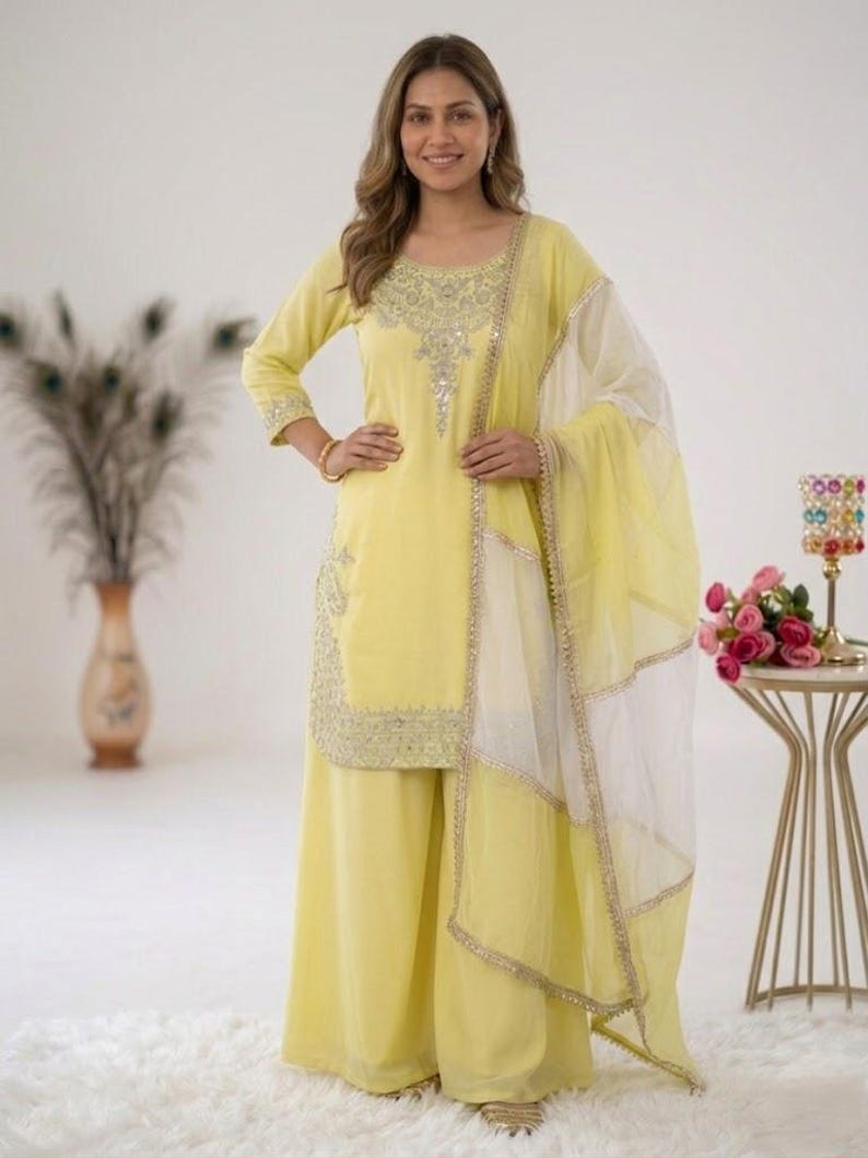 Pakistansk designer i mjukt siden broderat med sekvensarbeten Salwar Kameez med Dupatta, pakistansk kostym, damkostym i palazzo, brudklänning bild 3
