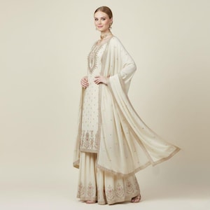Off-White Sharara Suit, Chinon Silk, Embroidery Sequence Work, Pakistani Salwar Kameez image 2