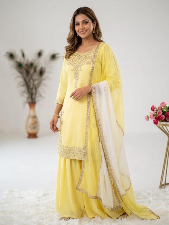 Pakistani Designer Soft Silk Embroidered With Sequence work Salwar Kameez with Dupatta, Pakistani Suit, Women's Palazzo Suit, Wedding Dress