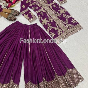 Paars Pakistaans sharara-kostuum, kameez geborduurde zijde, dupatta